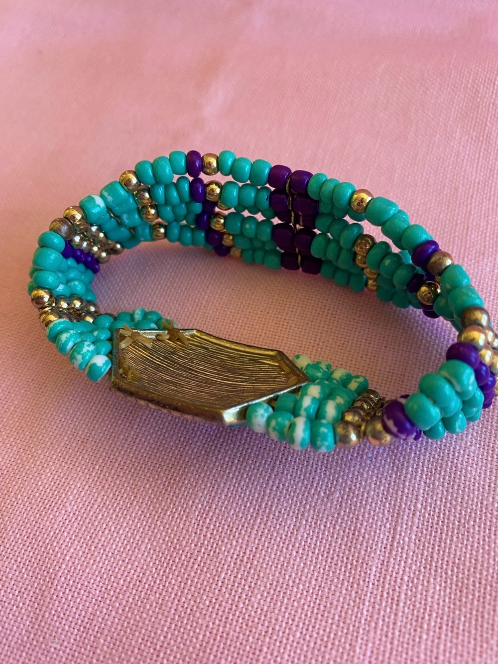 Turquoise Bracelet Beaded Stretchy Purple Gold Metal Octagon Navy Blue Green Gem - Picture 7 of 8